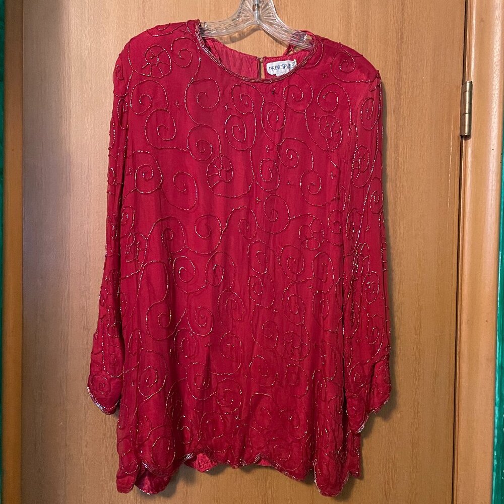 Vintage Principles Red Beaded Tunic Blouse AS IS